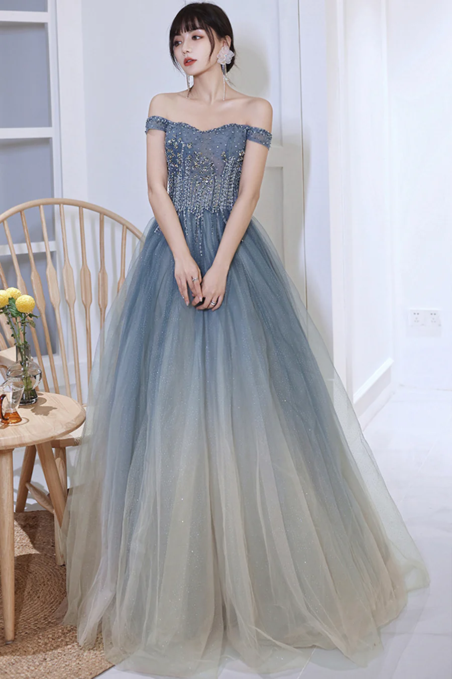 Blue Gradient Beaded Tulle Long Formal Dress, Blue A-line Prom Dress