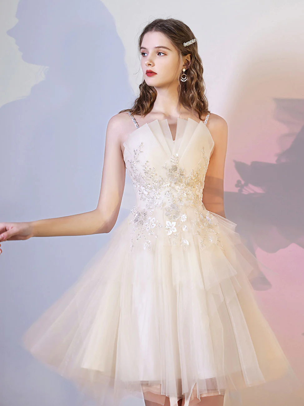 knee length dresses for ladies A-line Off-the-shoulder Sparkly Cute Homecoming Dress Short Prom Dress –  SELINADRESS main image 0