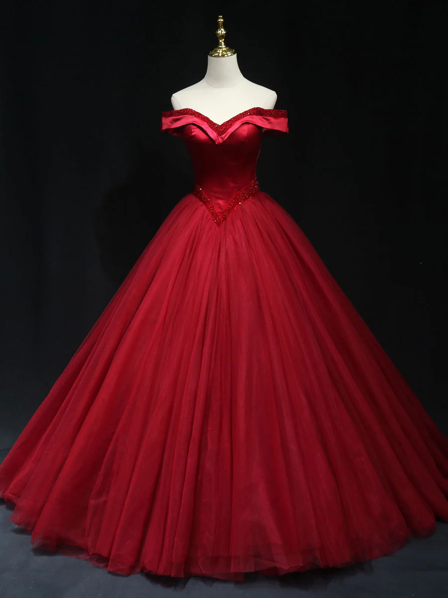 Burgundy Off Shoulder Beads Long Prom Dress Burgundy Formal Dress,red Quinceanera Dress