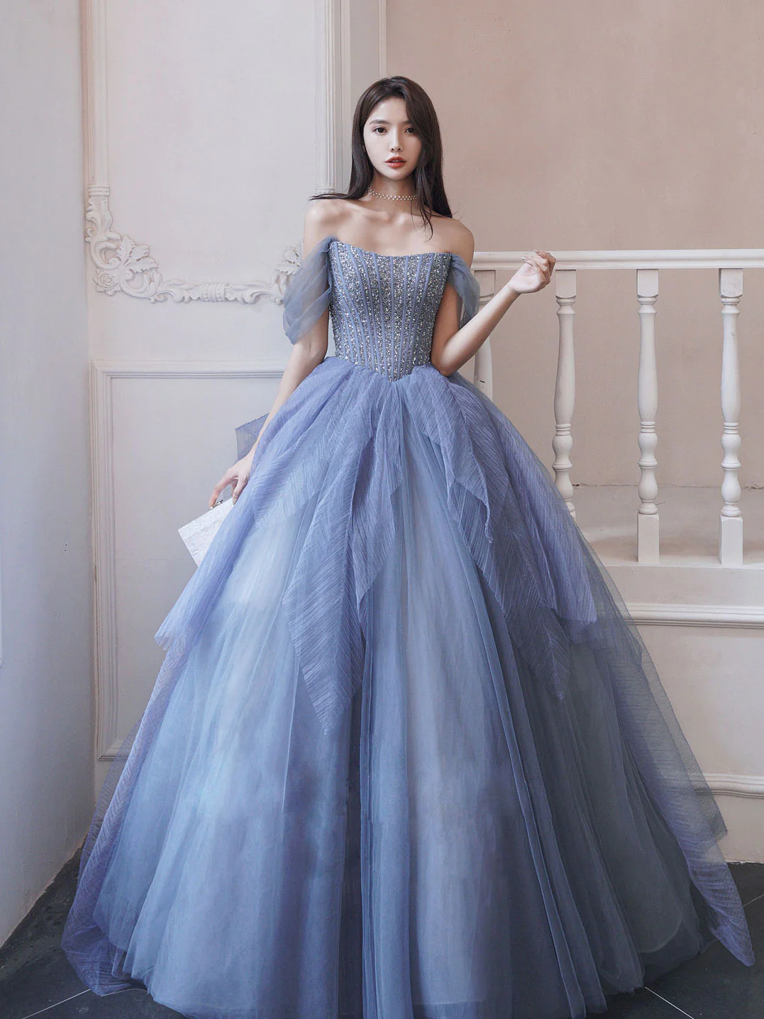 Ethereal Blue Off-shoulder Tulle Gown With Beaded Bodice