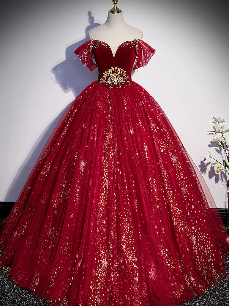 Burgundy Sweetheart Neck Tulle Sequin Long Prom Dress, Burgundy Evening Dress,off Shoulder Quinceanera Dress