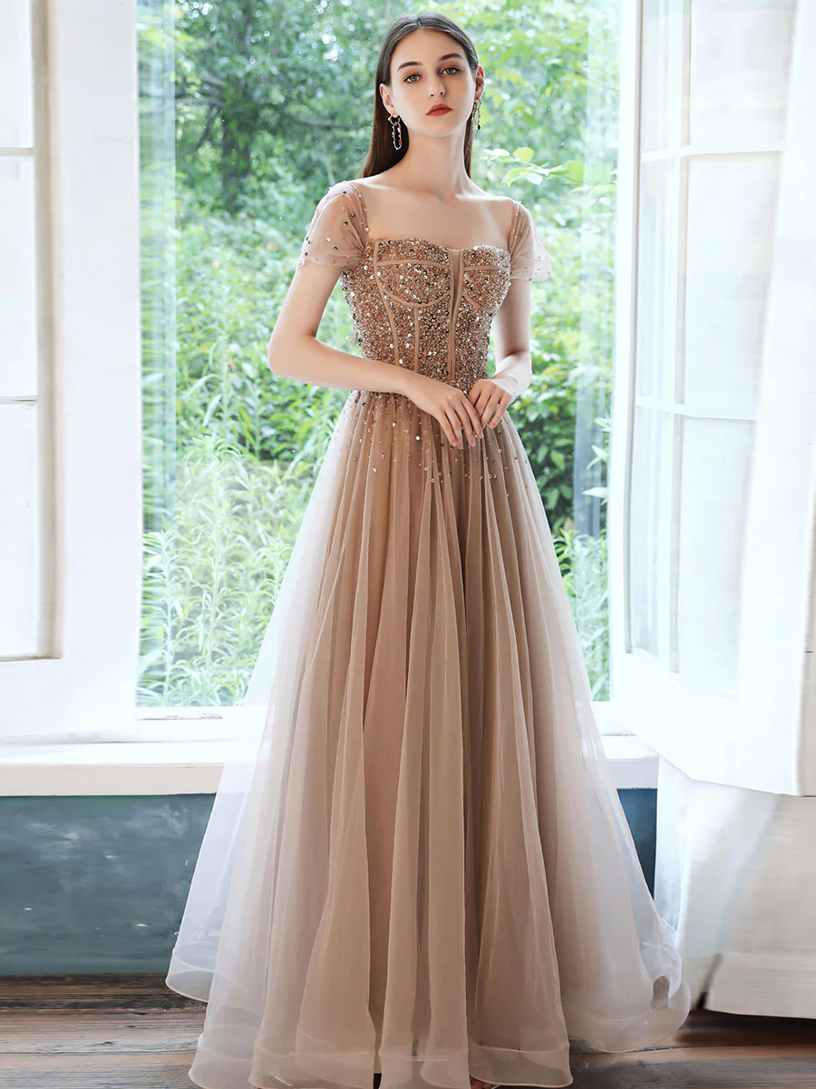Champagne Tulle Sequin Beads Long Prom Dress Champagne Evening Dress