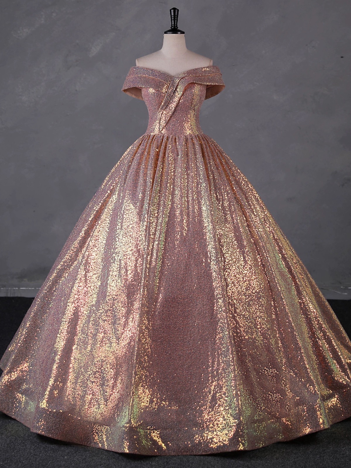 Charming Rose Gold Sequins Long Party Dress, Off Shoulder Sequins Prom Dress