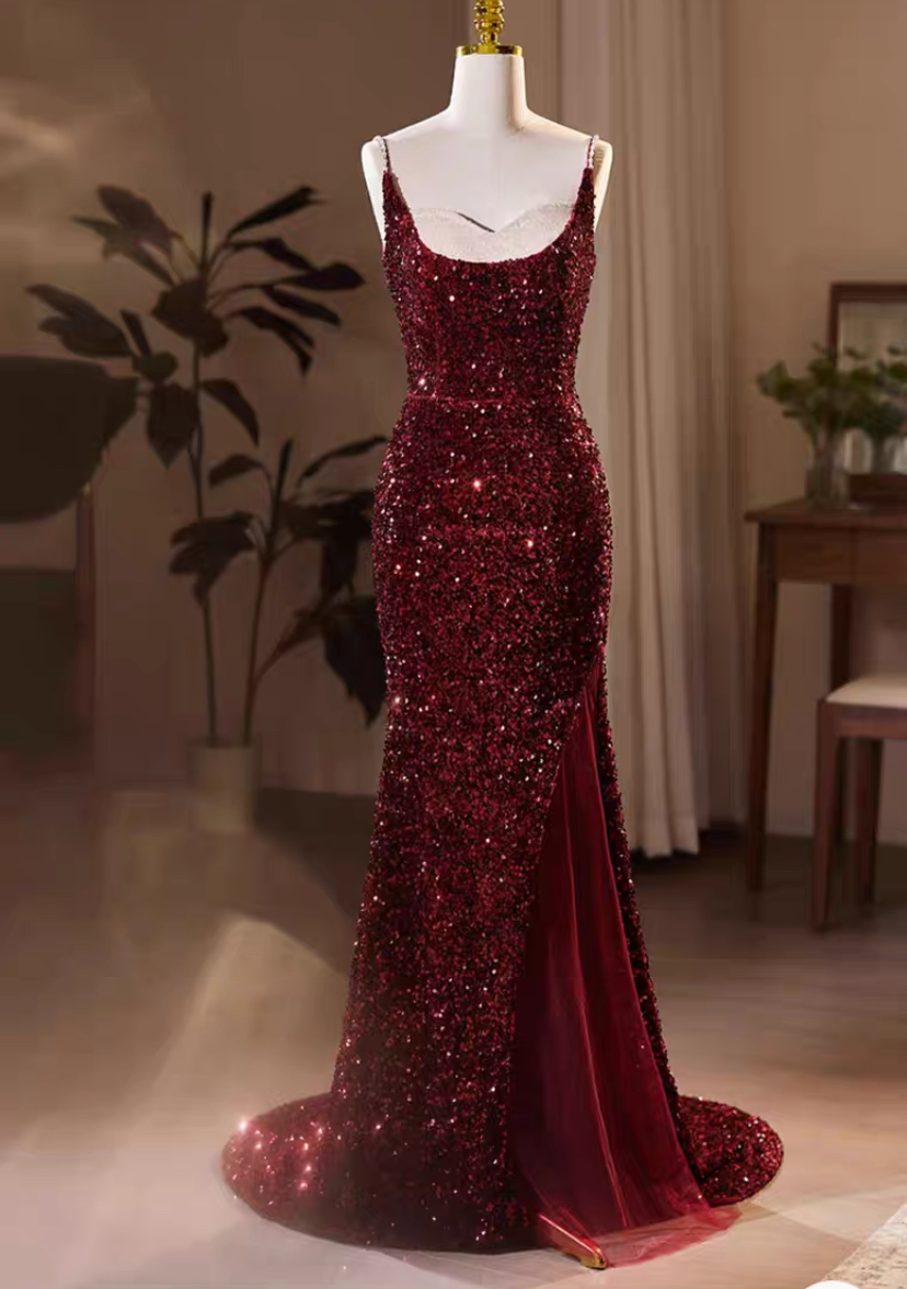 Wine Red Sequins Mermaid Long Formal Dress, Wine Red Evening Dress Party Dress