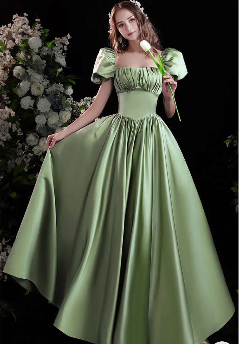 A-line Satin Green Short Sleeves Beaded Party Dress, Green Long Formal Dress Prom Dress