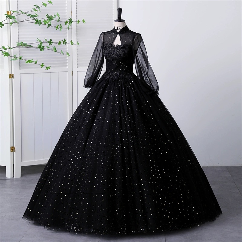 Black High Neckline Long Sleeves Tulle Sweet 16 Dress, Black Ball Gown Formal Dress