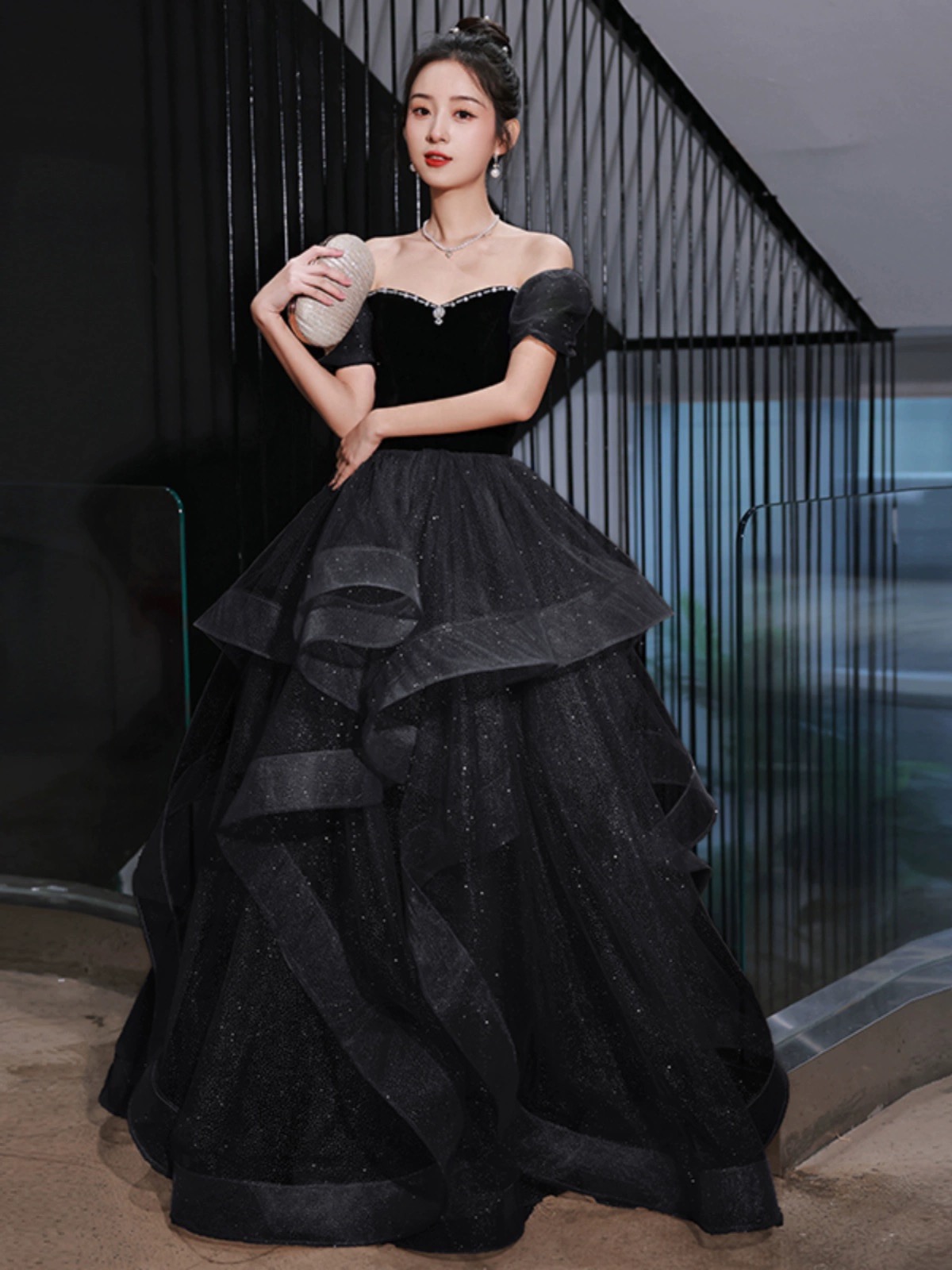 Black Velvet And Tulle Off Shoulder Long Formal Dress, Black Evening Dress Party Dress