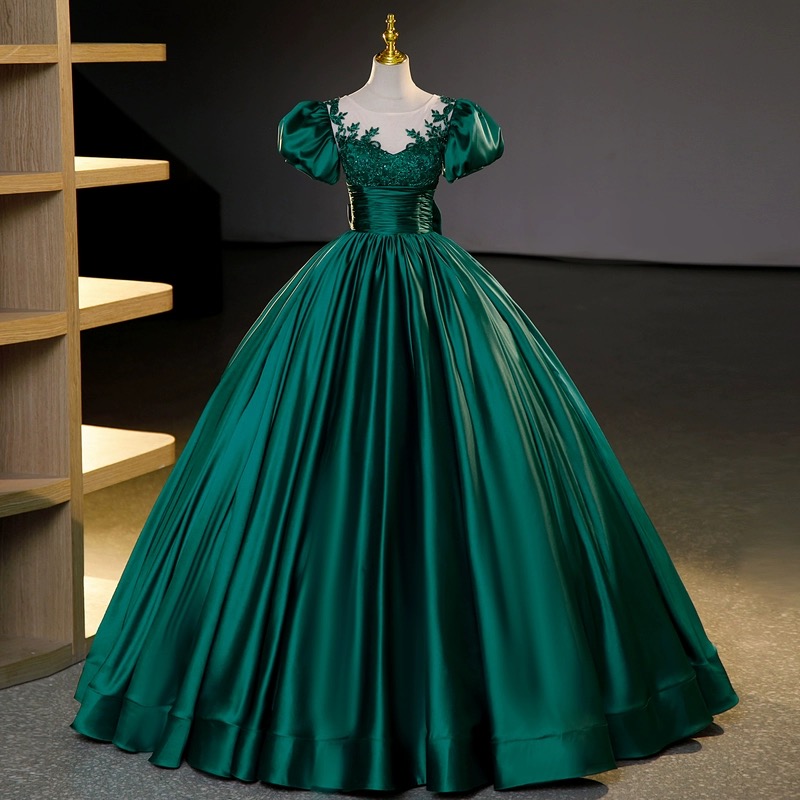 slim fit dress slacks Dark Green Satin Round Neck Homecoming Dresses, MH526