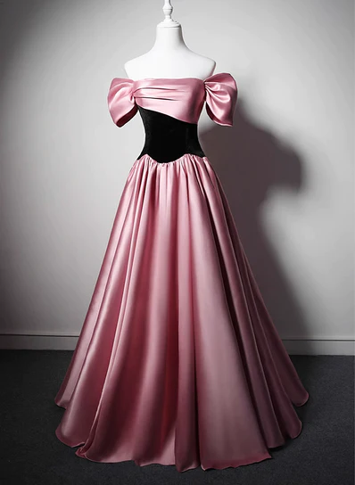 Off Shoulder Satin Scoop A-line Long Party Dress, Pink And Black Prom Dress Evening Dress