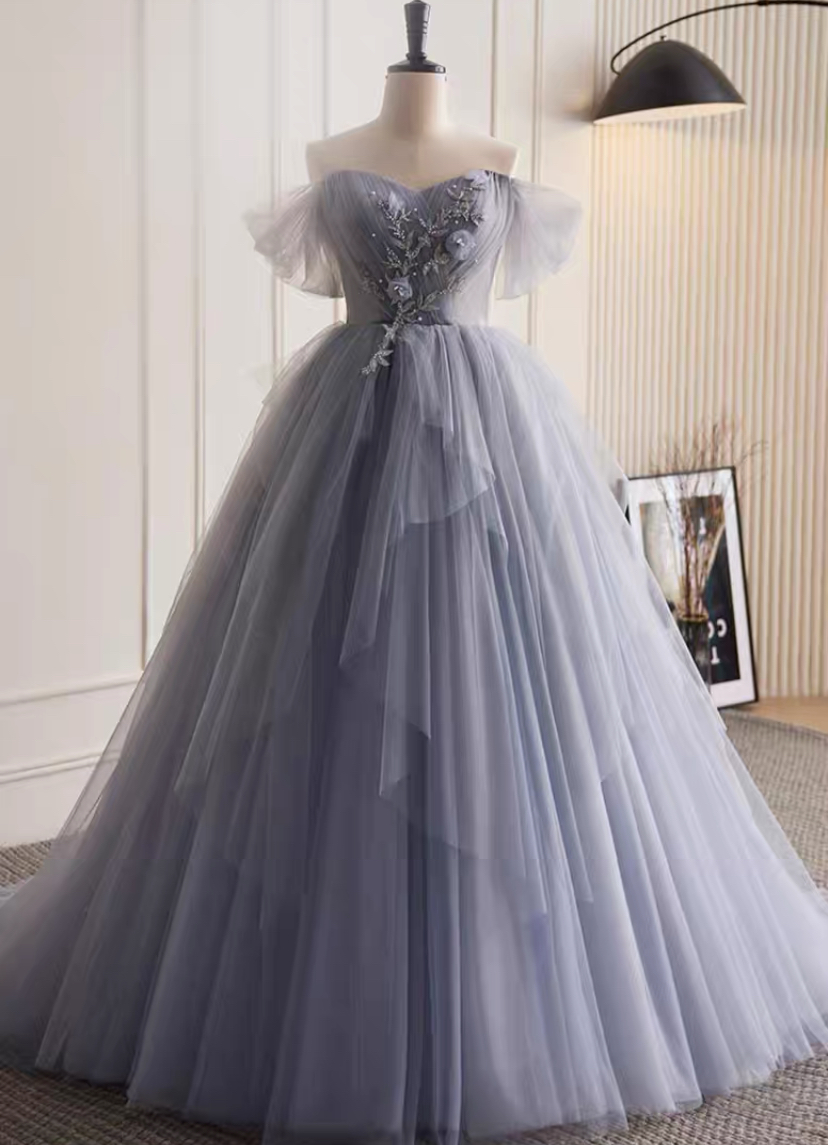 Blue Short Sleeves Tulle with Lace Long Party Dress, Blue Formal Gowns