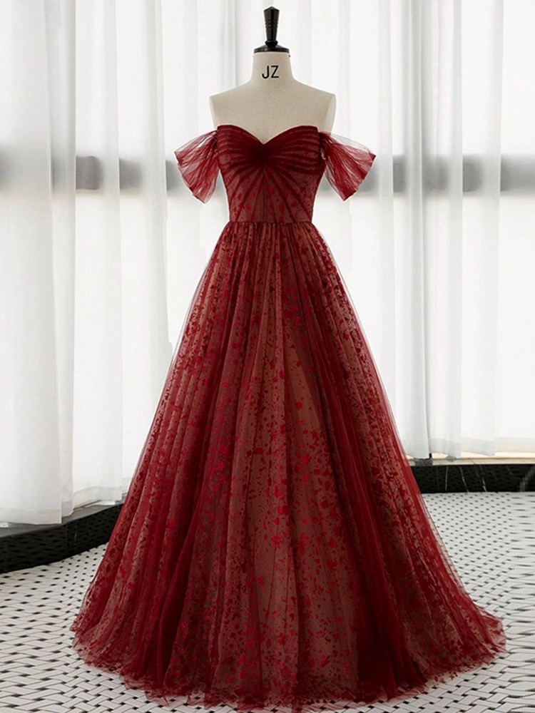 Lovely Wine Red Tulle Sweetheart Long Formal Dress, Off Shoulder Wine Red Prom Dress