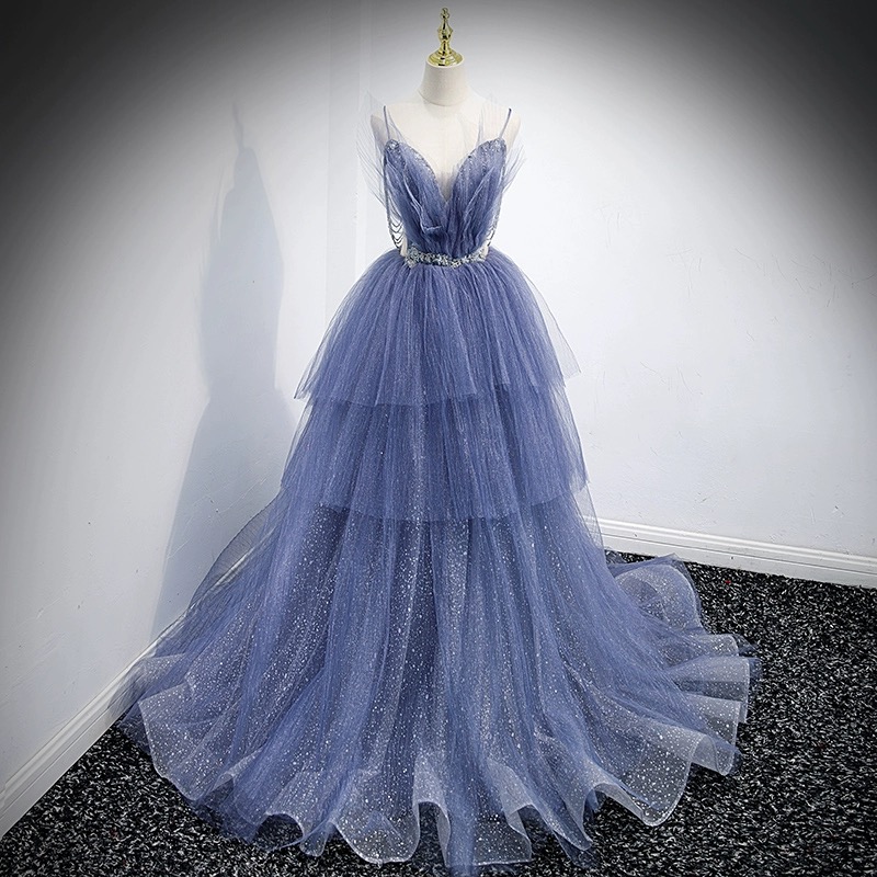 Gorgeous Blue Tulle Layers Beaded Long Wedding Party Dresses, Blue Formal Gown