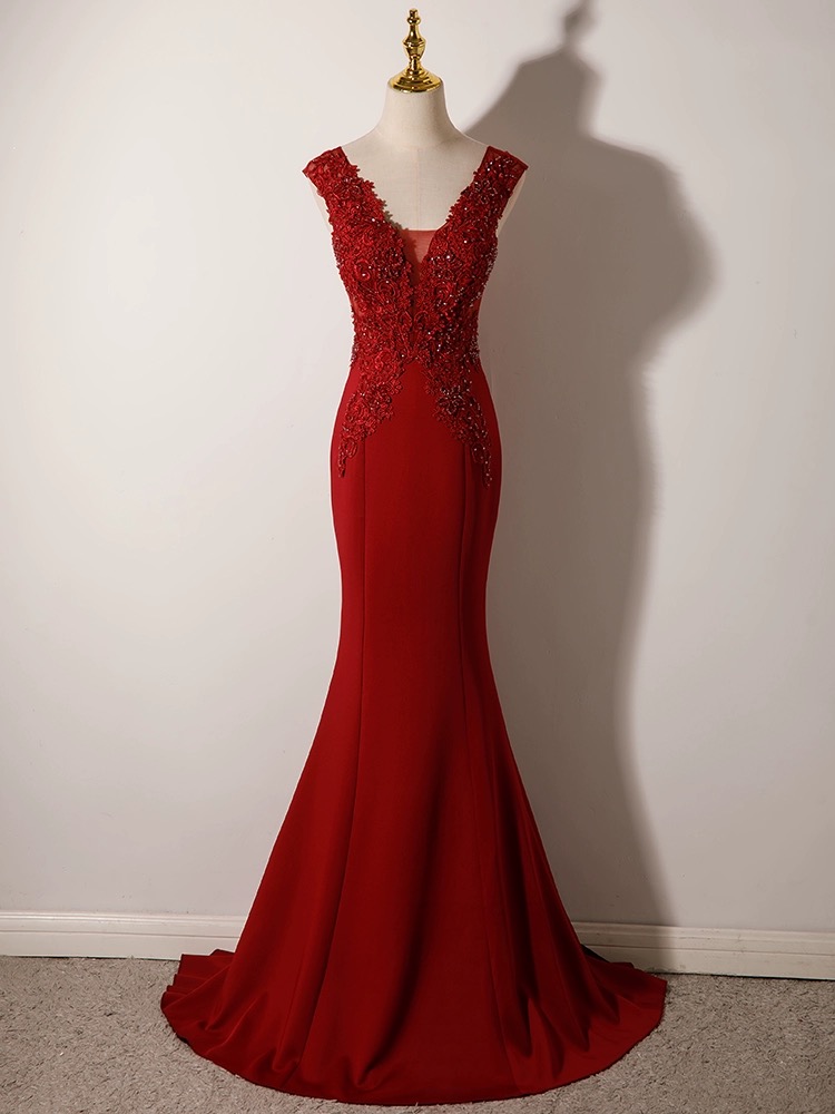Wine Red Mermaid Floor Length Low Back Evening Dress, Burgundy Prom Dress Party Dress