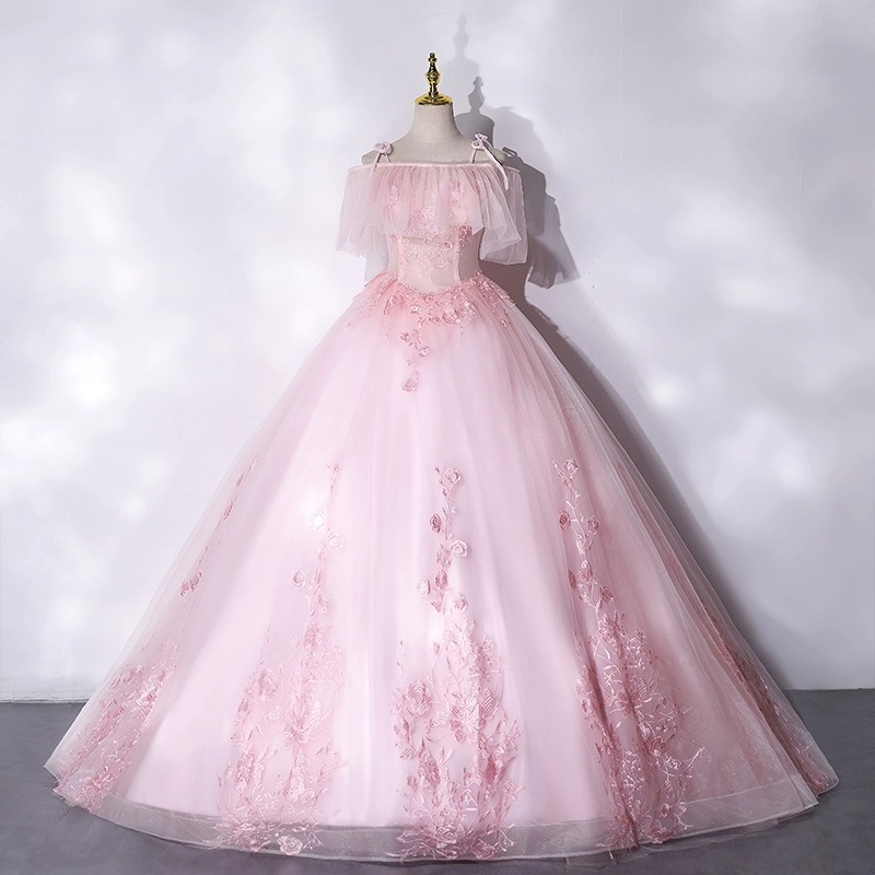 Pink Long Tulle With Lace Applique Ball Gown Sweet 16 Dresses, Pink Formal Dresses