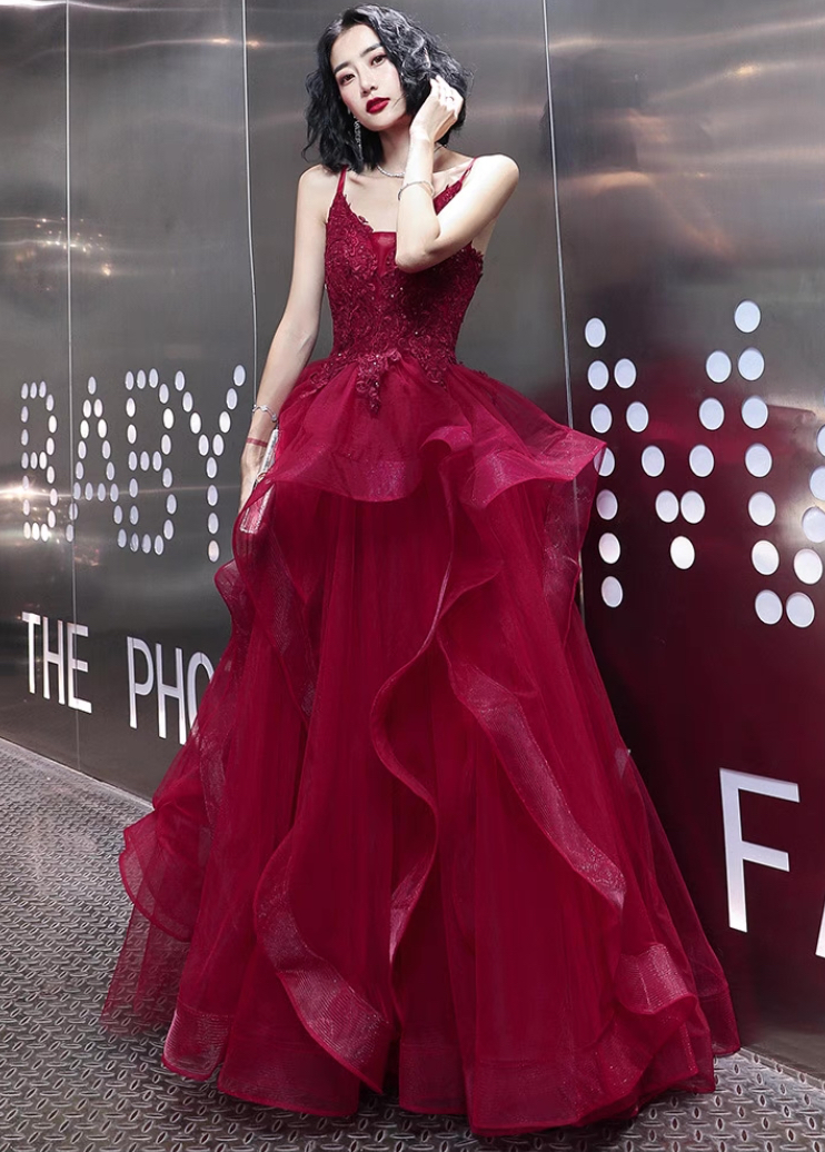 Wine Red Lace Applique V-neckline Long Straps Formal Dress, Dark Red Prom Dresses