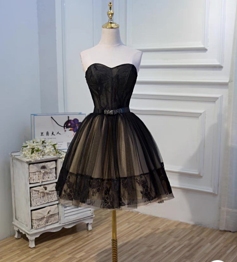 Black And Champagne Tulle Sweetheart Lace Short Party Dress, Tulle Homecoming Dresses