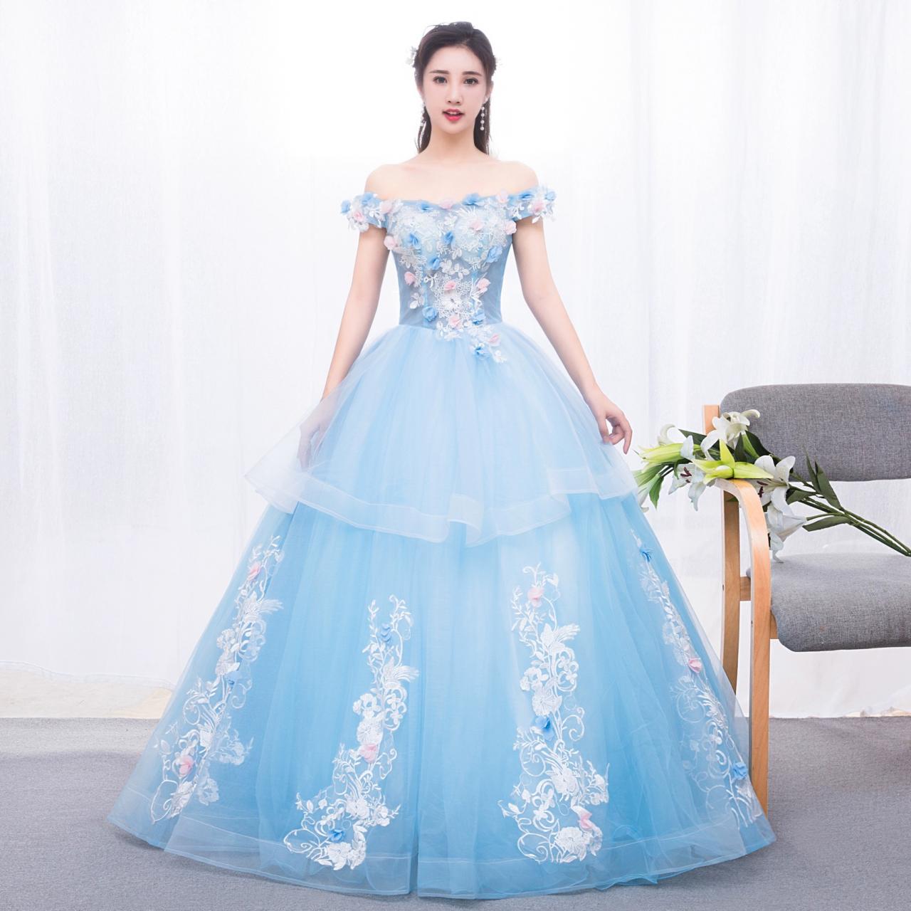 Glam Blue Ball Gown Tulle With Lace And Flowers Sweet 16 Dress, Blue Formal Dress