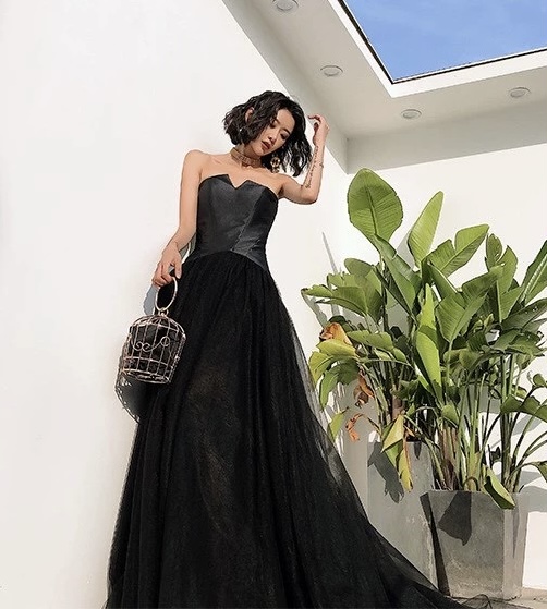 Black Evening Gown, Tulle Long Prom Dress,strapless Prom Dress