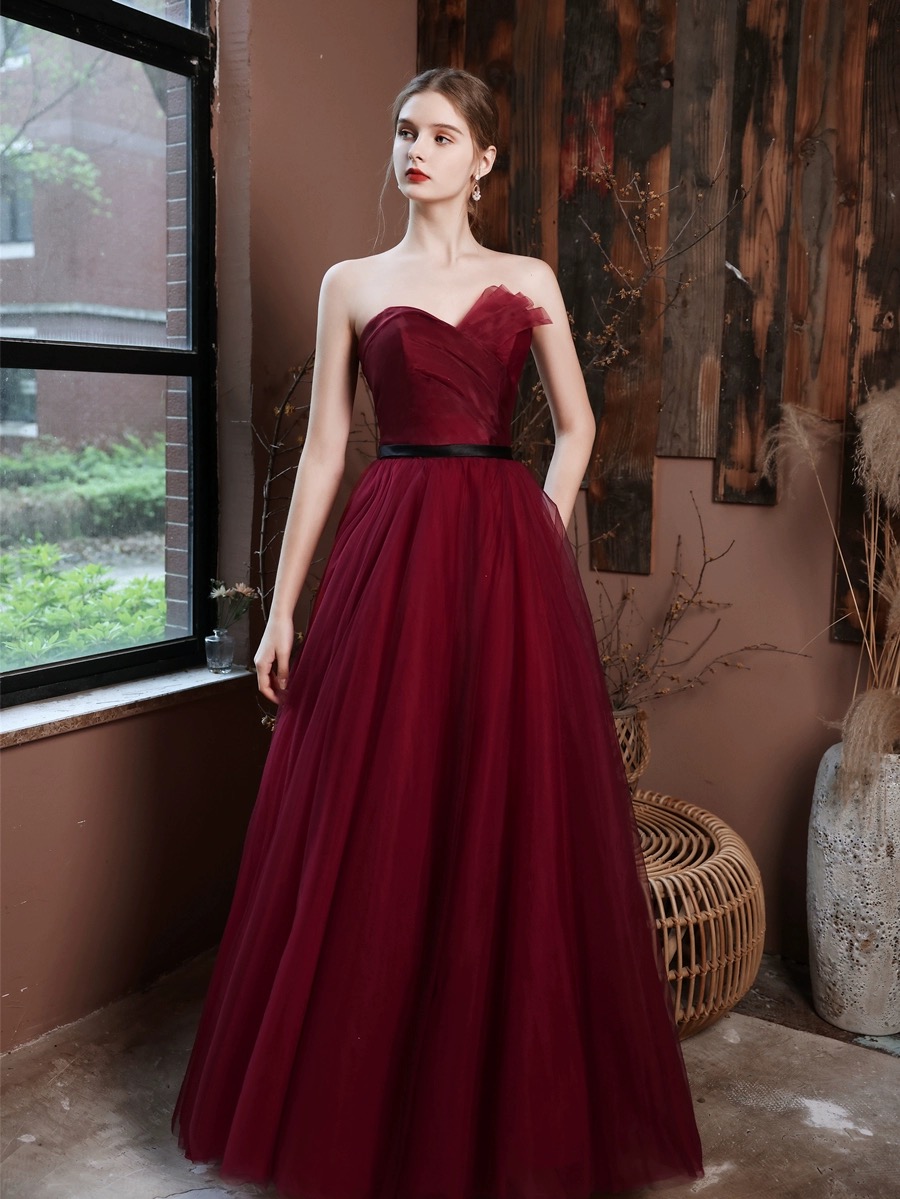 Red Evening Gown, Tulle Long Prom Dress,strapless Prom Dress