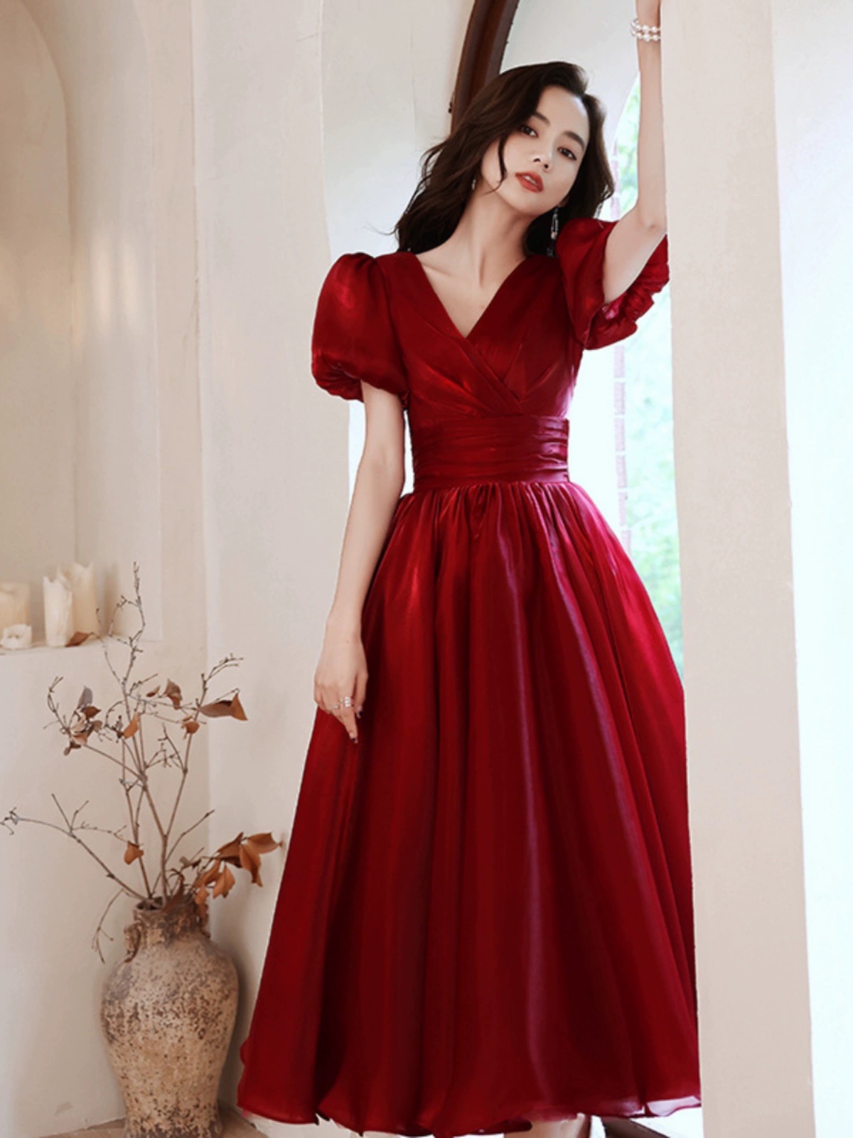 Red Evening Gown, Sweet Homecoming Dress,v-neck Prom Dress,cute Midi Dress