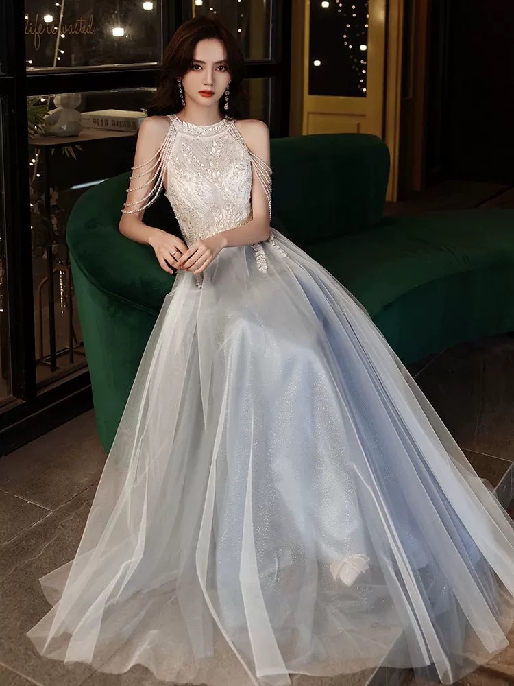 Luxury Prom Dress, Halter Neck Evening Dress, White And Blue Unique Prom Dress on Luulla Luxury Prom Dress, Halter Neck Evening Dress, White And Blue Unique Prom Dress on Luulla