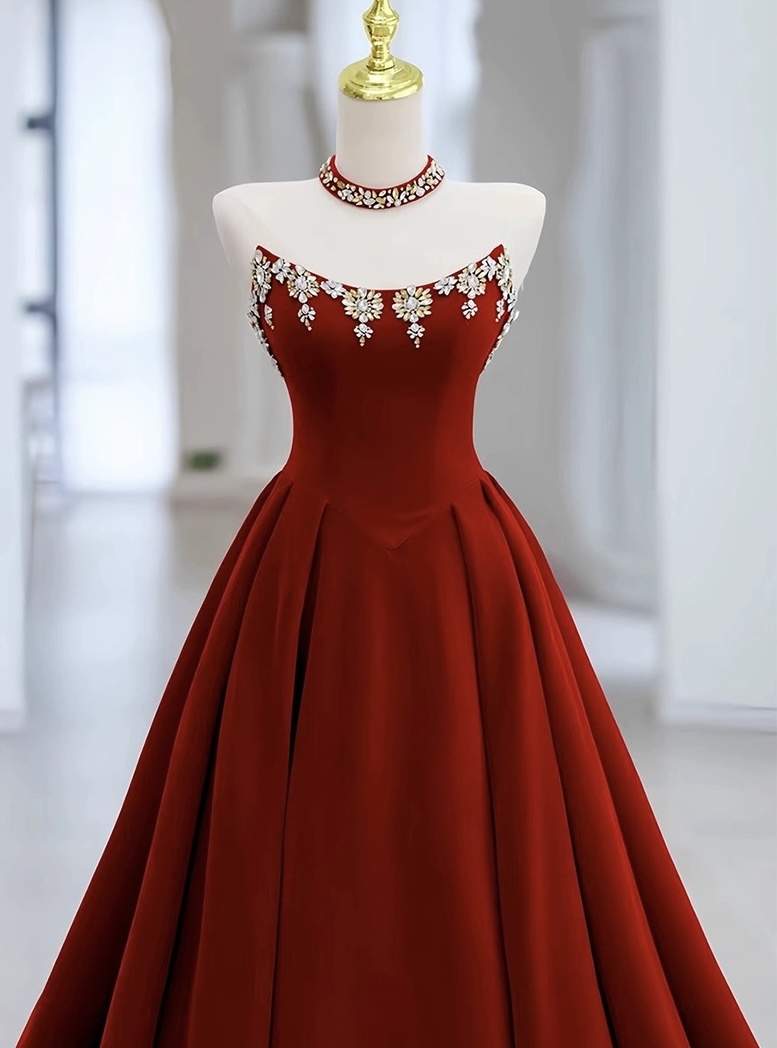 Long Train Wedding Dress, Strapless Dress, Red Dress