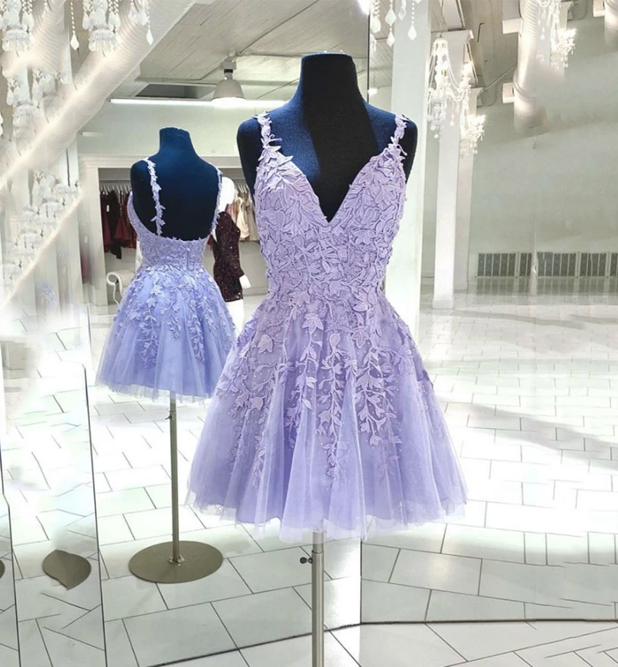Purple Prom Dresses, Lavender Prom Dresses, Elegant Prom Dresses, Homecoming Dresses , Lace Applique Prom Dresses