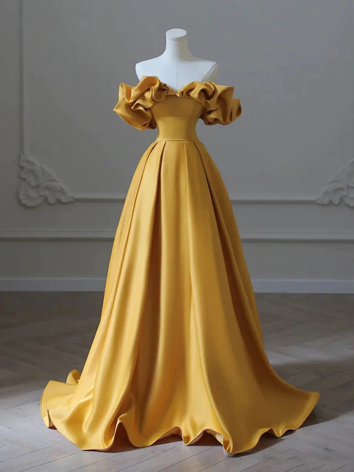 Gold Satin Off Shoulder Long Simple Party Prom Dress, A-line Gold Long Formal Evening Dress