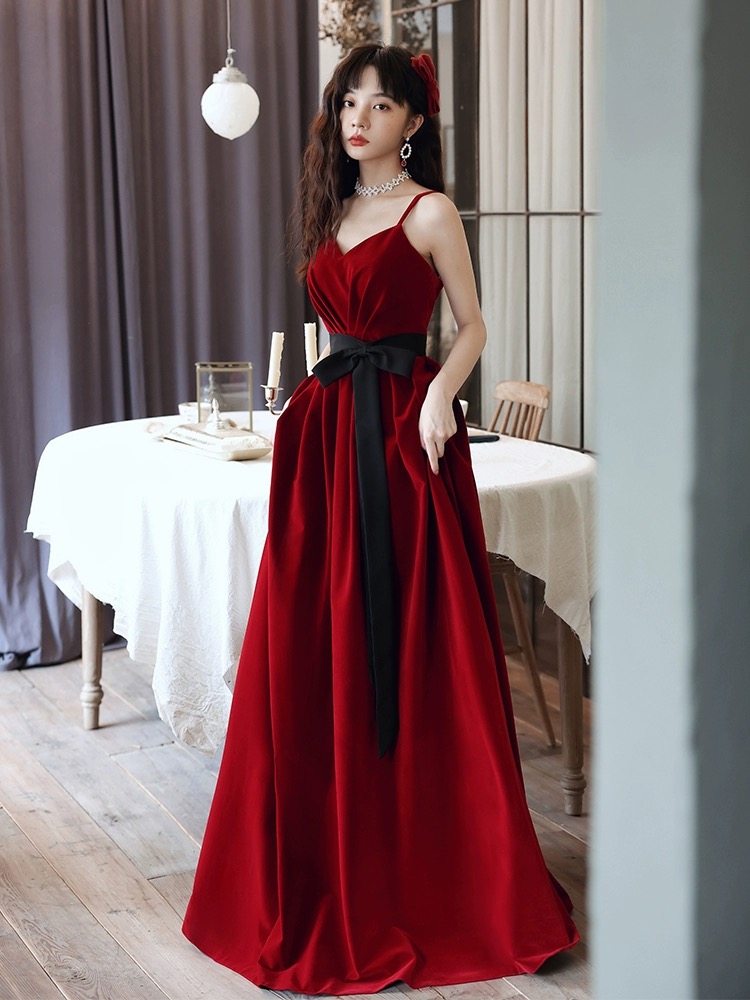 Velvet Wedding Burgundy Dress,spaghetti Strap Evening Dress