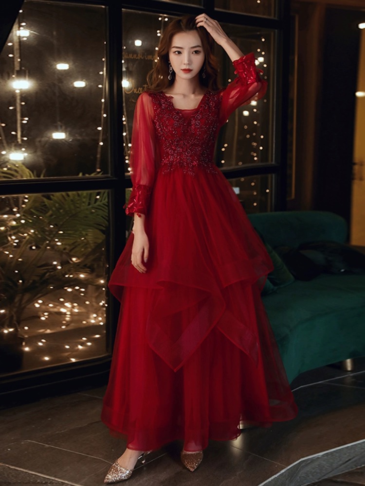 Red Prom Dress, Long Sleeve Prom Dress,formal Wedding Guest Dress