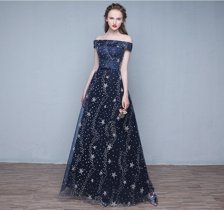 Starry Evening Gowns, Off-shoulder Prom Gowns, Shiny Party Dresses