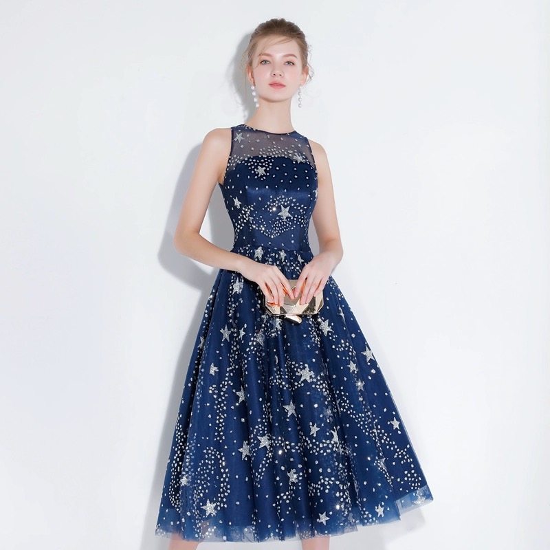 Glitter Stars Sequins Beaded Short Navy Blue Party Dresses,sweet 16,graduation Dress,sleeveless Party Dress
