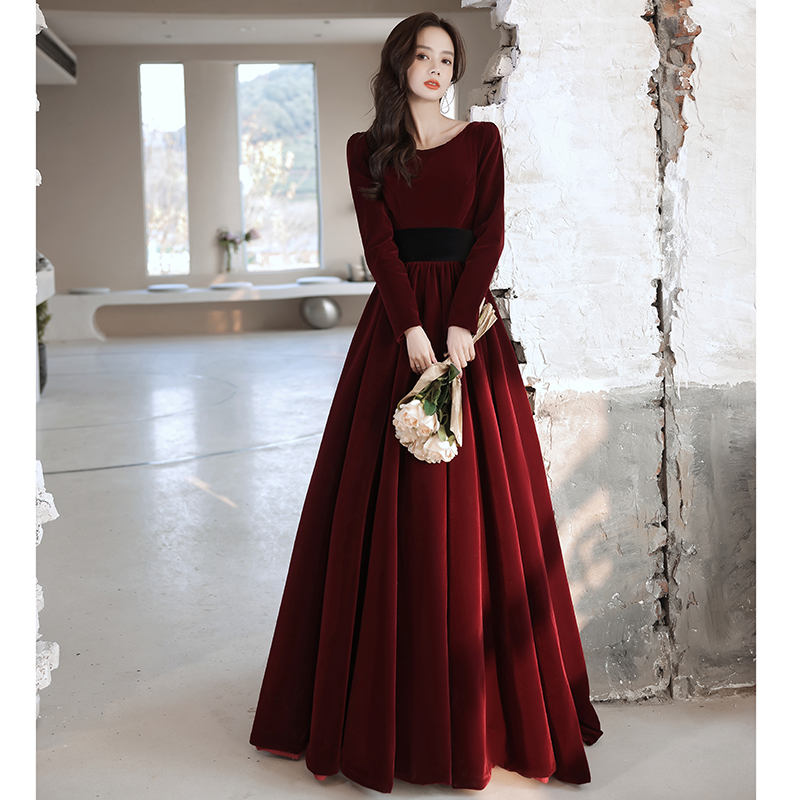 Elegant Wine Red Velvet Long Sleeves Formal Dress, Formal Wedding Party Dress