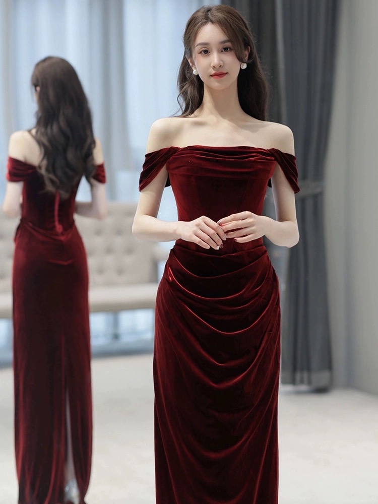 Off Shoulder Prom Dress, Red Evening Dress,velvet Bodycon Dress