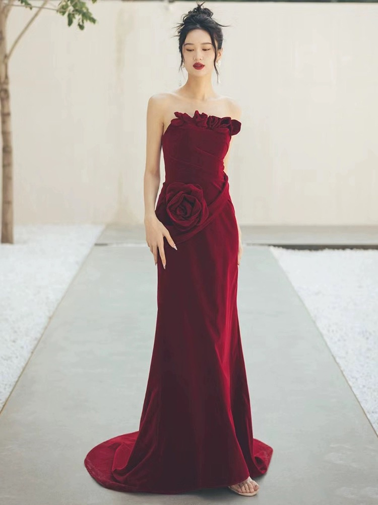Elegant Wine Red Velvet Bodycon Dress,chic Floral Strapless Party Dress