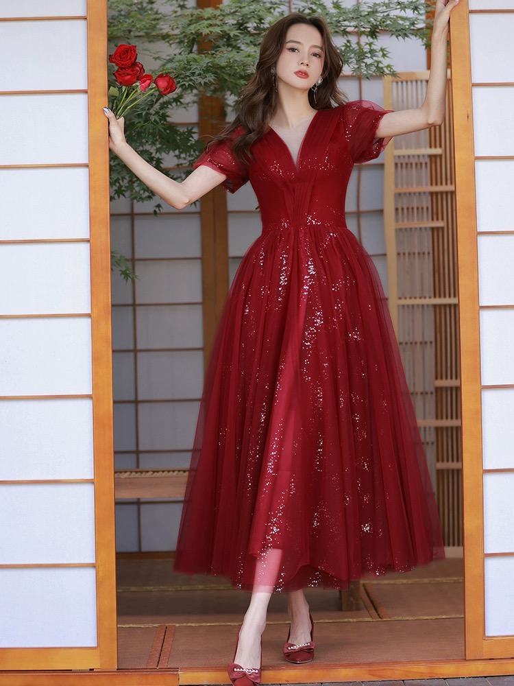 V-neck Prom Gowns, Red Party Dresses,sweet Evening Dresses