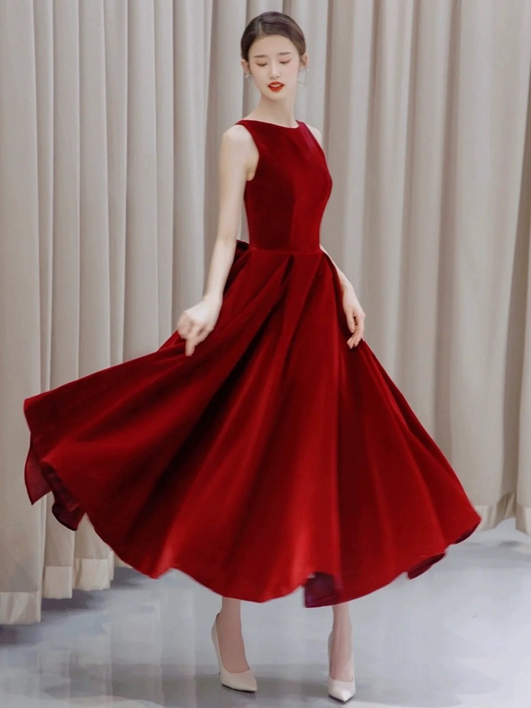 Sleeveless Prom Dress, Red Evening Dress,chic Velvet Party Dress