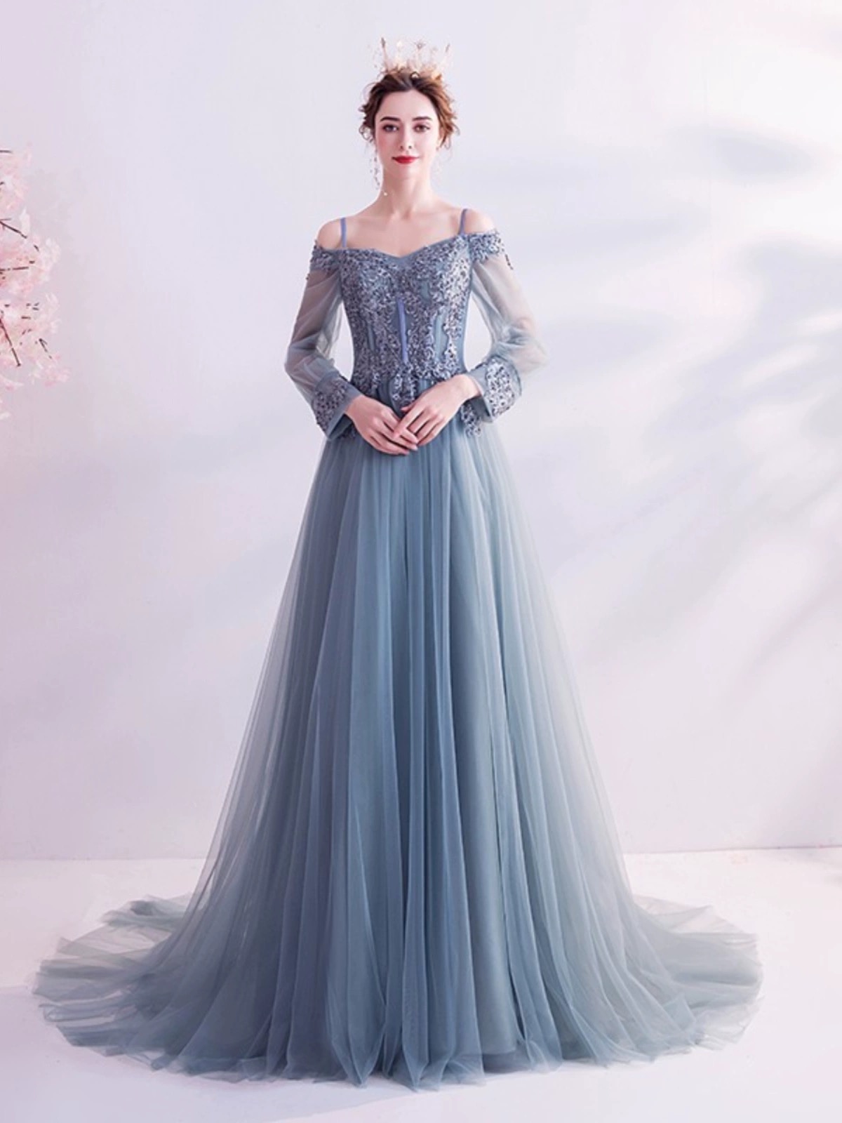 Long Sleeve Blue Long Evening Prom Dresses, Fairy Long Party Prom Dresses