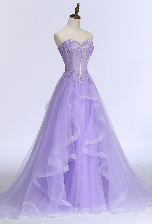 Sweet Banquet Lilac Lace Tulle Prom Dress, Long Purple Evening Dress,strapless Party Dress