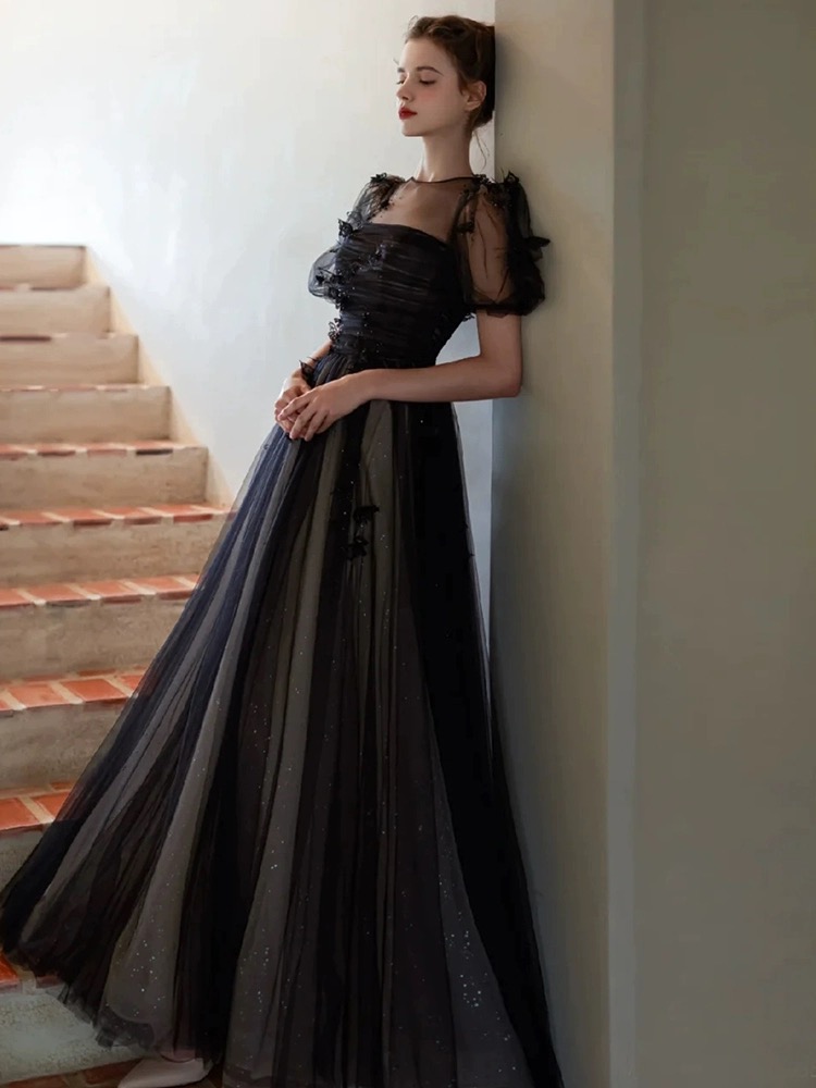 Princess Party Dress,a Line Black Puff Sleeves Tulle Long Prom Dress, Black Formal Evening Dress