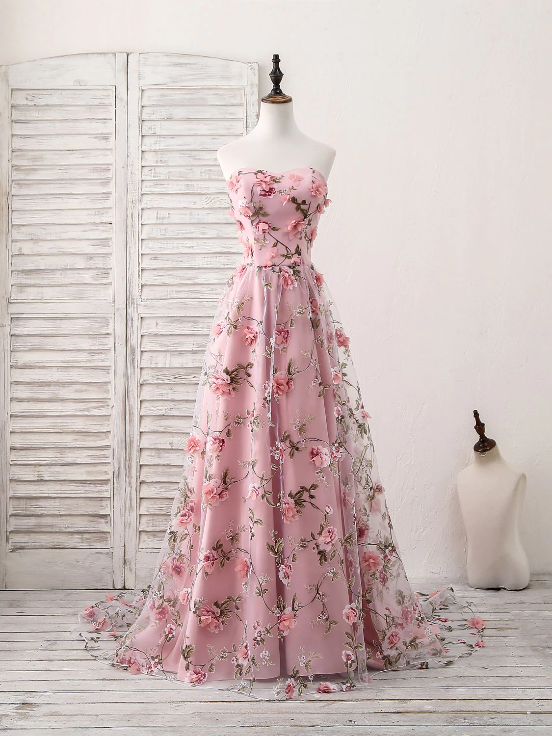 Sweet Floral Tulle Prom Dress, Long Pink Evening Dress,strapless Party Dress