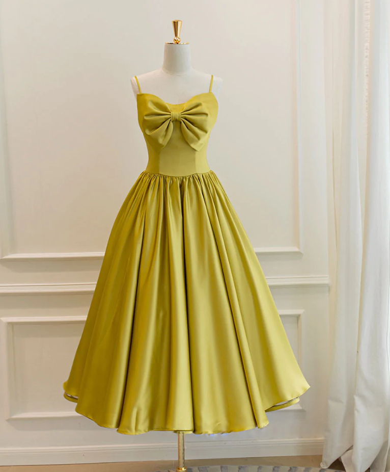 Cute Homecoming Dresses,simple Yellow Satin Tea Length Prom Dress Bow Homecoming Dress
