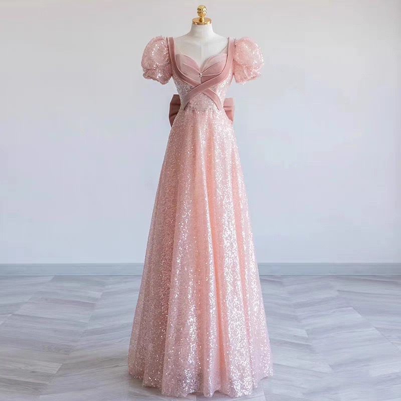 Pink Evening Dress, Glitter Prpm Dress, Princess Puffy Sleeve Party Dress