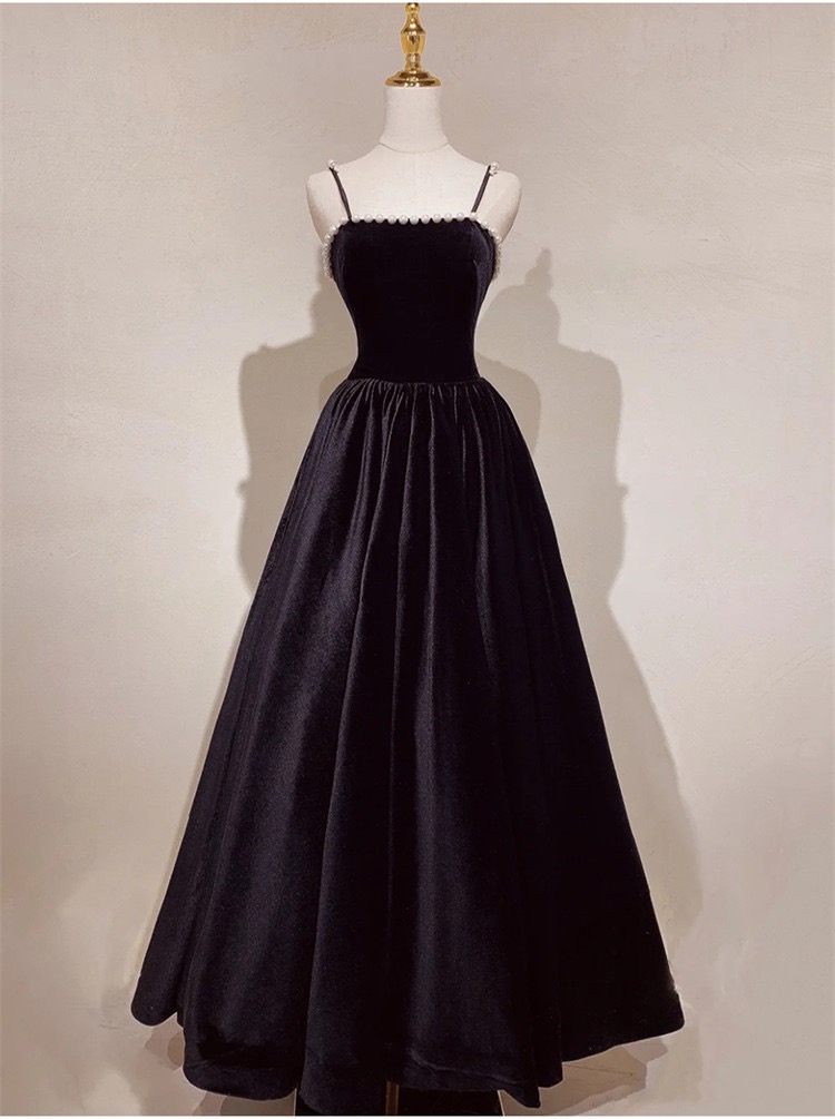 Black Prom Dress, Spaghetti Strap Birthday Dress, Socialite Velvet Dress