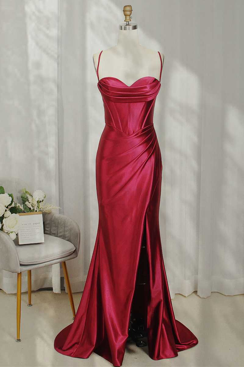 Burgundy Long Prom Dress, Satin Sexy Red Evening Gown,split Prom Dress