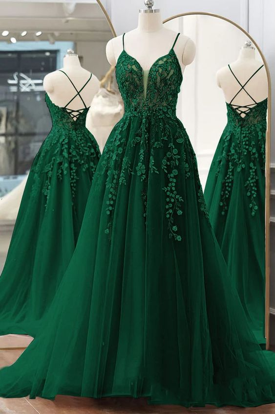 Sexy Party Dress,spaghetti Strap Prom Dress, Dark Green Lace Evening Dress