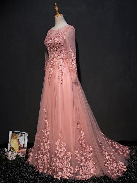 Long Sleeve Party Dress,formal Prom Dress, Pink Lace Evening Dress