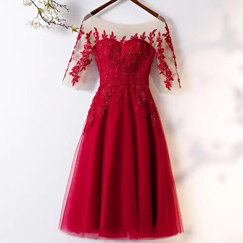 Charming Party Dress,mid -sleeve Prom Dress, Red Lace Evening Dress