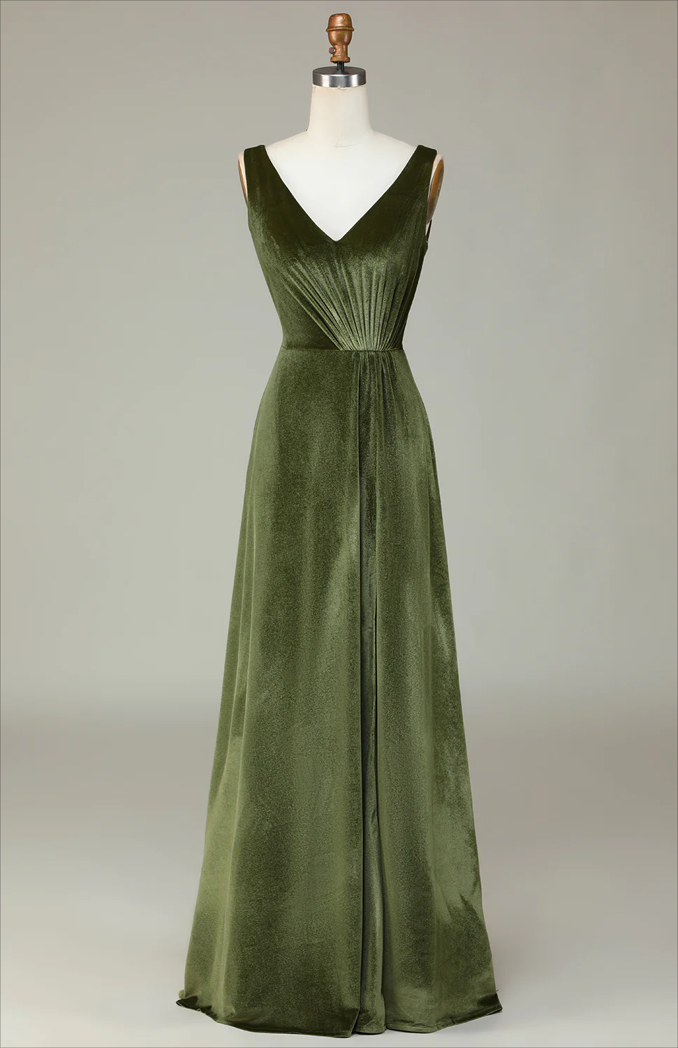 Olive Green Prom Dress,v-neck Sleeveless Olive Velvet Bridesmaid Dress