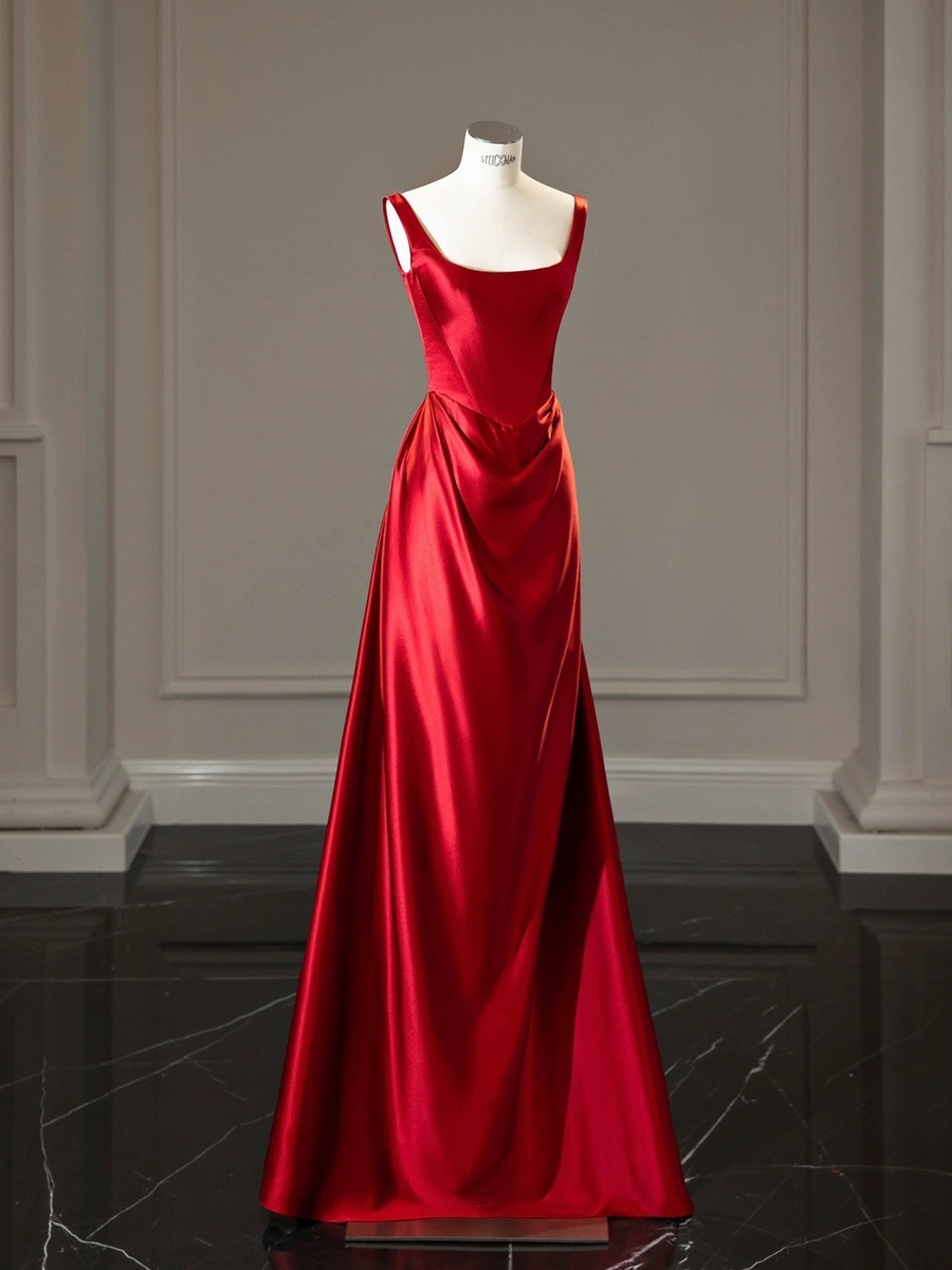 Spaghetti Strap Evening Dress Satin Red Long Prom Dress Sexy Formal Dress